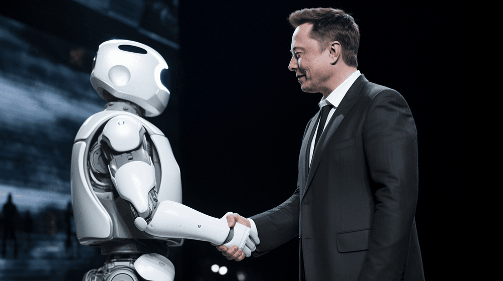 Elon Musk shakes hands with a humanoid robot