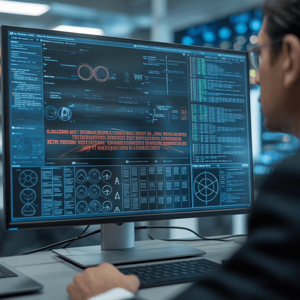 Man looking at monitor screen with red warnings showing
