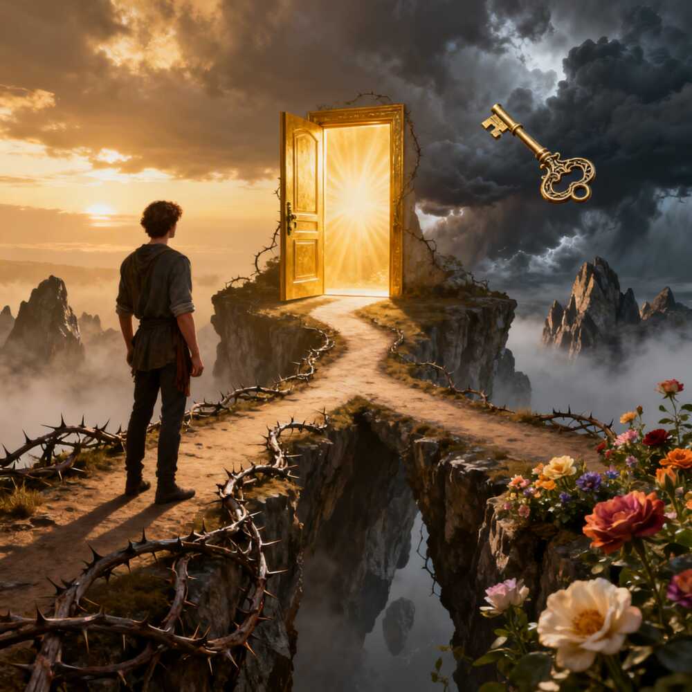 Man stands at the crossroads of a path, risks all around, but ahead an open door with a golden light shining through.